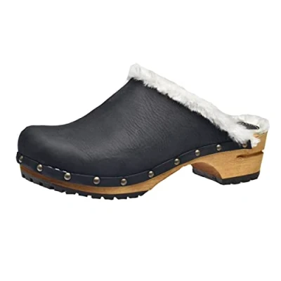 Image de Sanita Hese Sabots Ouverts Produit Original Fabriqué à la Main pour Femme en Cuir avec Semelle Bois et Doublure Laine Noir 38 EU