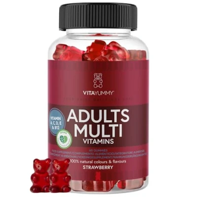 Image de Gommes vitaminées Multivitaminés VitaYummy au Goût Fraise pour Adultes Oursons Gélifiés Végétaliens en Supplément Alimentaire Vitamine A,C,D,B12 et Zinc, Soutient le Système Immunitaire, 60 bonbons