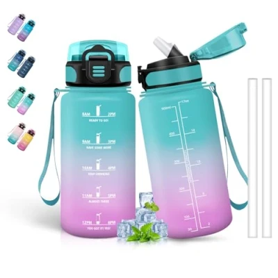 Image de Gourde, 500ml Gourde Enfant, Paille, Anti Fuite, Graduée pour 1 Journee, Facile à Nettoyer, avec Slogan de Motivation, Bouteille d&#039;eau l&#039;École, Voyage, Vert Rose