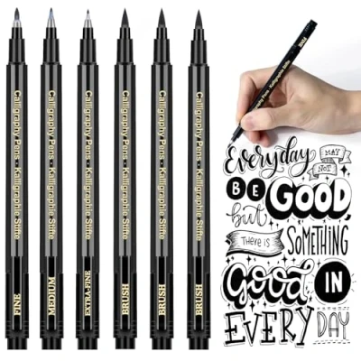 Image de calligraphie stylo calligraphie, 6 feutre écriture kit, noir encre feutres pinceaux, de lettrage pour bullet journal, illustration, signature et enfant apprendre