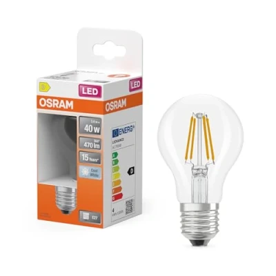Image de OSRAM Lampe LED forme étoile filament A40, 4000 K blanc neutre, 3,4 W, E27, transparente, 470 lm, 15 000 h, pour plafonniers et lampadaires, bureau