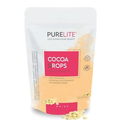 Image de PURELITE Cocoa Drops blanc 450g, gouttes de chocolat sans sucre ajouté avec érythritol &amp; stévia arrière goût, 70% à teneur réduite en sucre, conscient des calories