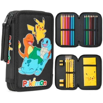 Image de Pokémon Trousse Remplie, Pikachu avec Fournitures Scolaires (Noir/Multicolore)