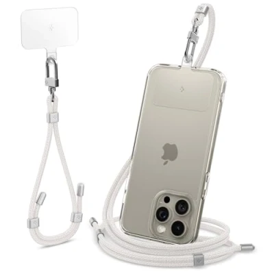 Image de Spigen [2 Pièces Cordon pour Telephone Portable Lanière Tour de Cou Poignée Corps avec Patch d&#039;attache Porte clés Blanc Perlé