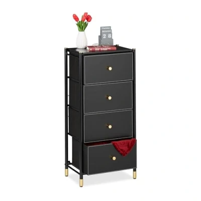 Image de Relaxdays Meuble de Rangement, HxLxP : 98,5 x 46 30 cm, 4 tiroirs, Commode Tissu &amp; Acier, Compartiments, Noir doré