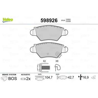 Image de VALEO 598926 Jeu de plaquettes frein Essieu arrière contact signal d&#039;usure inclus avec kit vis fixation, sans tôle anti bruit