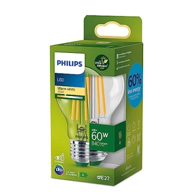 Image de Philips, ampoule LED Ultra Efficient Classe A, 60W, culot E27, blanc chaud 2700K, transparente, verre