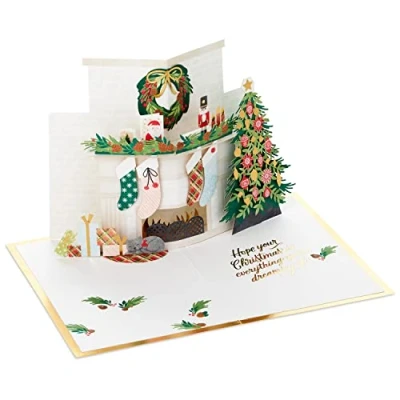 Image de Hallmark Carte de Noël 3D et pop up, cheminée sapin, avec détails dorés, rose