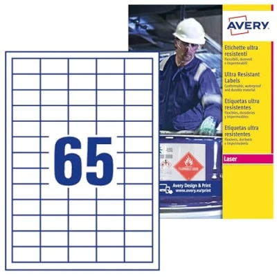 Image de AVERY 3250 Étiquettes Ultra Resistantes Conditions Extrêmes Polyéthylène Personnalisables Format 38 x 21 mm Impression Laser et Jet d&#039;Encre