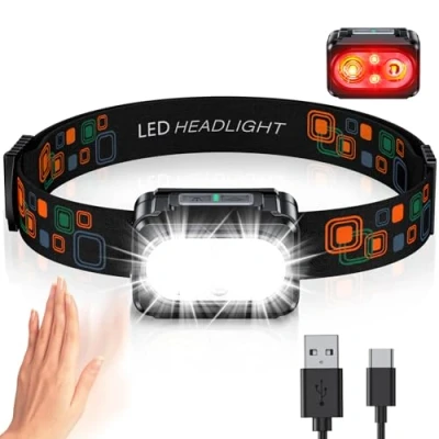 Image de ISEYOU Lampe Frontale LED Ultra Puissante, Rechargeable avec Lumière Rouge &amp; Capteur de Mouvement, 5 Modes d&#039;Éclairage, Super Léger, IPX4 Étanche, 26H d&#039;Autonomie pour Camp/Cyclisme