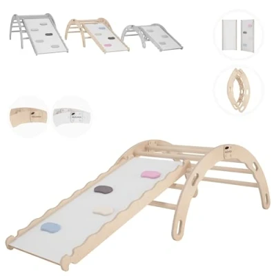 Image de MAMOI® Triangle avec Toboggan Interieur, Mur Escalade pour Enfant, Aire de Jeux Bebe, Espalier en Bois, Rocker Arche à partir 1/2/3 an, Bascule Montessori