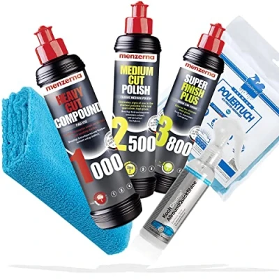Image de detailmate Menzerna Kit de polissage voiture : Heavy Cut Compound 1000 + Medium 2500 Super Finish 3500 Koch Chemie Allround Quick Shine 140 ml Chiffon microfibre 40 x cm