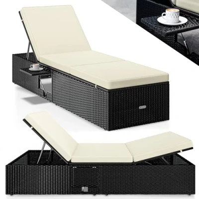 Image de Casaria® Chaise Longue Noir crème extrémités réglables 7 Positions Bain de Soleil polyrotin d&#039;extérieur transat