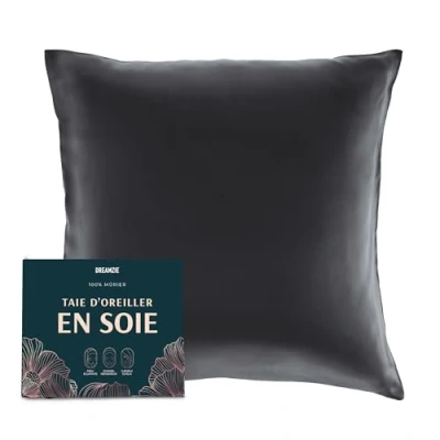 Image de DREAMZIE Taie d Oreiller en Soie 100% Naturelle de mûrier pour Les Cheveux et la Peau 19 mm des Deux côtés 1 unité Gris Foncé 65x65 cm