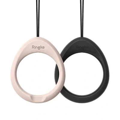 Image de Ringke Finger Ring Strap [2 Pack] Silicone Sangle de Doigt Fonction Montage Antidérapant Compatible avec Un Coque Téléphone Portable, des Clés, Appareils Photo, et Plus Black &amp; Pink Sand