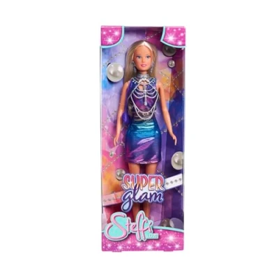 Image de Steffi Love Super Glam, en Robe pailletée avec Bijoux de Corps, Pinces à Cheveux, Boucles d&#039;oreilles et Sac Main, poupée 29 cm, partir 3 Ans