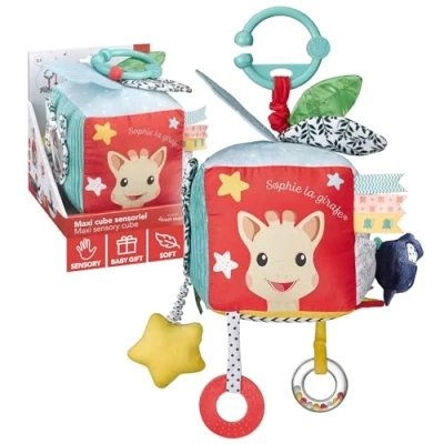 Image de Sophie la Girafe Maxi Cube Sensoriel Facile à Manipuler Jeu d&#039;Eveil pour Bébé 9 Activités Crochet Accrocher Poussette Multicolore
