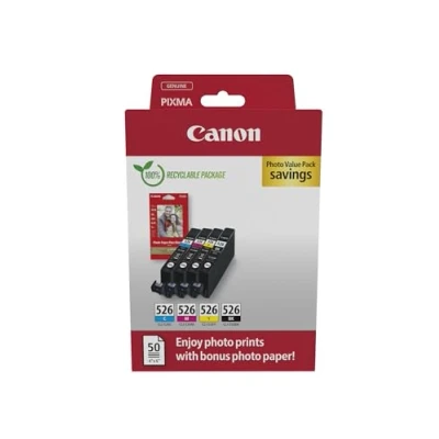 Image de Canon CLI 526 Lot de 4 Cartouches d&#039;encre Authentiques (Noir, Cyan, Magenta, Jaune) ; Comprend 50 Feuilles Papier Photo 10 x 15 cm Multipack en Carton