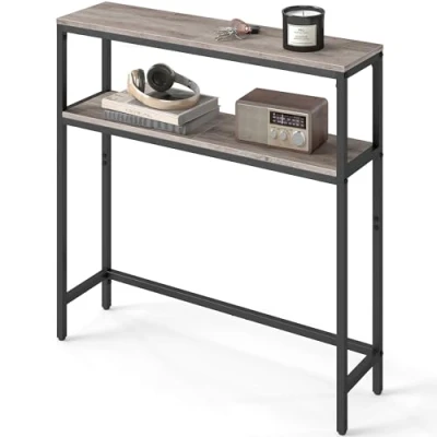 Image de VASAGLE Console pour Couloir, Table de Salon Fine à 2 Niveaux, 20 x 80 cm, d’Appoint avec Étagères, Salon, Chambre, Grège Chiné et Noir d&#039;encre LNT130K02