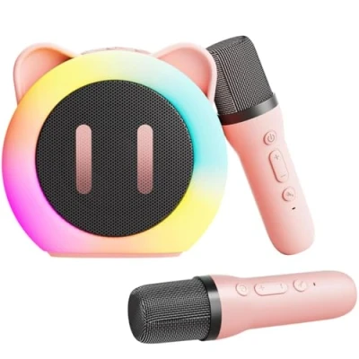 Image de Micro Karaoke Enfant sans Fil avec 2 Portables pour Filles Lumières de Fête LED Jouet Cadeaux Vacances Enfants (Rose)