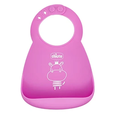 Image de Chicco Bavoir Rigide Easy Roll, en Silicone Souple, Pratique, Imperméable, Facile à Nettoyer, Col Ajustable, avec Grande Poche, 6 Mois et plus, Rose