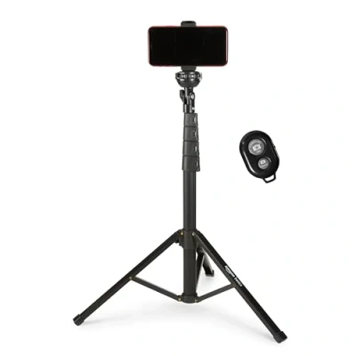 Image de Amazon Basics Trépied pour iPhones extensible jusqu’à 162 cm avec fonctions perche à selfie et trépied, noir