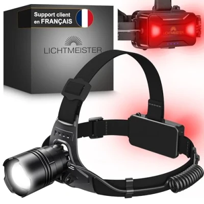 Image de LICHTMEISTER® lampe frontale avec lumière arrière (2500 lumens, batterie 8000 mAh) LED rechargeable ultra lumineuse