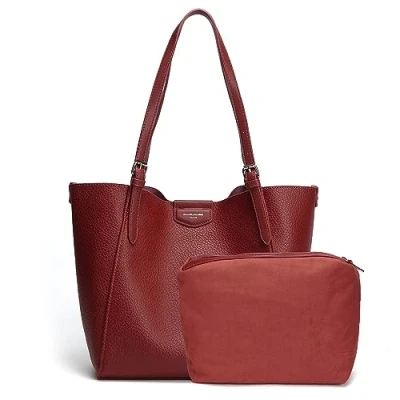 Image de David Jones Sac à Main Porté Epaule Femme Cabas Fourre Tout Simili Cuir Souple Cours Lycée Travail Shopping Grande Taille A4 Anses Longues Shopper 2 Pièces avec Trousse Rouge