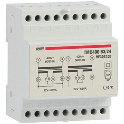 Image de VEMER VE303400 TMC 400 63/24 Transformateur 24V pour Service Continu, Tension Primaire 400V, Secondaire 12 24V, Puissance 63VA, Installation sur Rail Din, Blanc