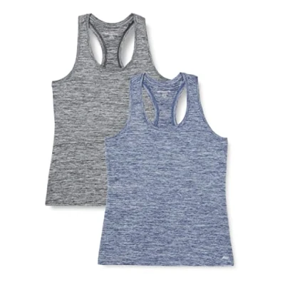 Image de Amazon Essentials Débardeur Tech Extensible À Dos Nageur (Disponible en Grande Taille) Femme, Lot de 2, Noir Chiné/Bleu Marine Chiné, M