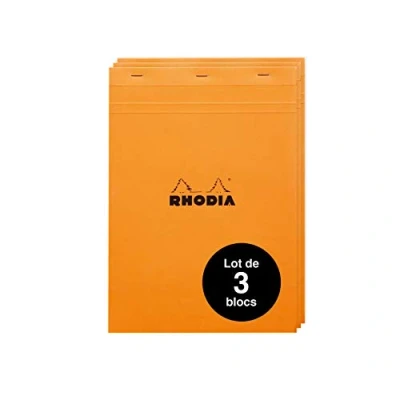 Image de RHODIA 18200Amzc Lot de 3 Bloc Notes Agrafés N18 Orange A4 Petits Carreaux 80 Feuilles Détachables Papier Clairefontaine Blanc g/m Couverture en Carte Enduite Souple et Résistante