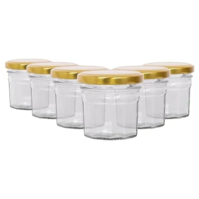 Image de 6x 110ml Pots de Confiture en Verre avec Couvercles Dorés Vide Couvercle à Pas Vis Cuisine Nourriture Miel Pimenter Conservation Mise Conserve Stockage Ensemble Par Argon Tableware