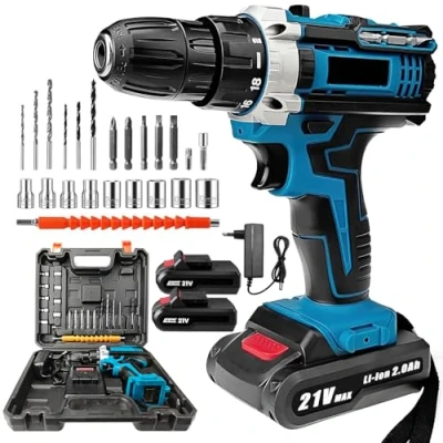 Image de Perceuse Visseuse Sans Fil 21V, Devisseuse avec 2 Batterie, 32Nm Électrique, 24 Accessoires, Vitesses, LED, pour la Bricolage