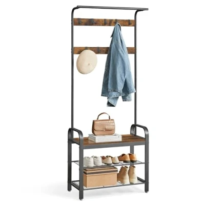 Image de VASAGLE Porte Manteau avec Étagère à Chaussures, Meuble d’Entrée Banc, 4 en 1, 9 Crochets Amovibles, Vestiaire, 33,7 x 72 183 cm, Style Industriel, Marron Rustique et Noir HSR40B