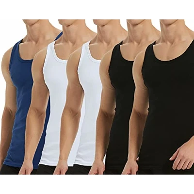 Image de Falechay Débardeur Homme Lot de 5 Maillot Corps 100% Coton Musculation Sport Noir Blanc Bleu 4XL