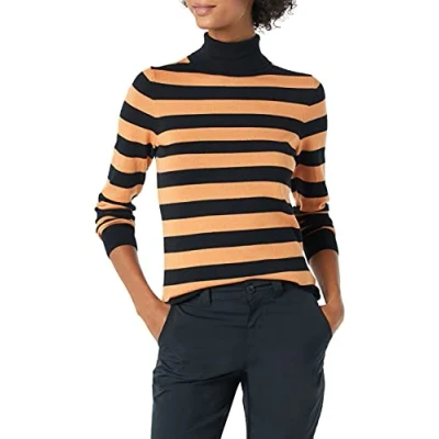 Image de Amazon Essentials Pull Col Roulé À Manches Longues Léger Coupe Classique (Grandes Tailles Disponibles) Femme, Noir Fauve Motif Rayures Rugby, S