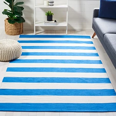 Image de Safavieh MTK712C Grand Tapis de Salon rectangulaire pour Une Utilisation en intérieur, Coton, Bleu/Ivoire, 160 X 230 cm