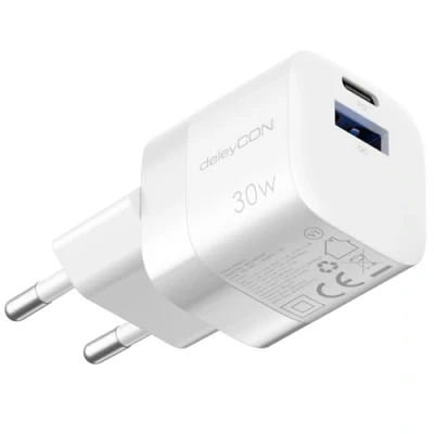 Image de deleyCON Chargeur USB A et C (2 Ports Rapide Compact 30W) Alimentation GaN pour iPhone 16/15/14/13/12/11 iPad Galaxy S24/S23 Pixel Téléphone Portable PD 3.0 Blanc