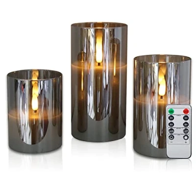 Image de CCLIFE Bougies LED en cire véritable avec télécommande,fonction minuterie,en paraffine,sans flamme, alimentées par batterie,Verre blanc 3 pièces