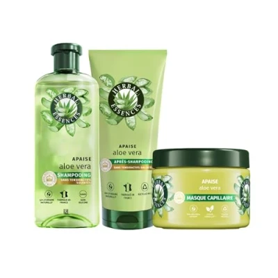 Image de Herbal Essences Apaise shampoing 250ml + Après 200 ml+ Masque 500ml. Hydrate, Nettoie et Nourrit Les Cheveux Très Secs. Parfum Jasmin, Végan