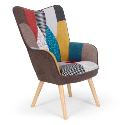 Image de Chaise/Fauteuil Scandinave Patchwork Capitonné Assise Confortable en Tissu et Pieds Bois Modèle Klarys L67 x P75 H100 cm