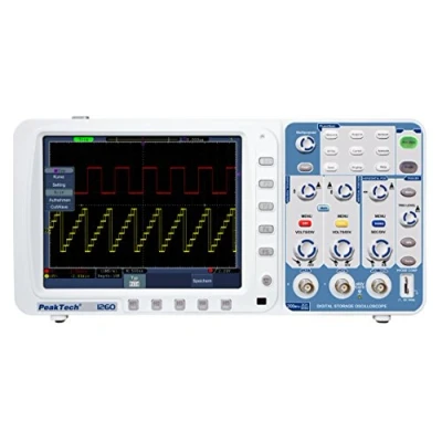Image de PeakTech 1260 Oscilloscope à 2 canaux (200MHz) avec Interface USB, VGA, LAN et Écran Couleur TFT 8&quot; Haute Résolution, 20 Modes de Mesure Automatiques, Numérique Mémoire (10 Mio./Ch.)