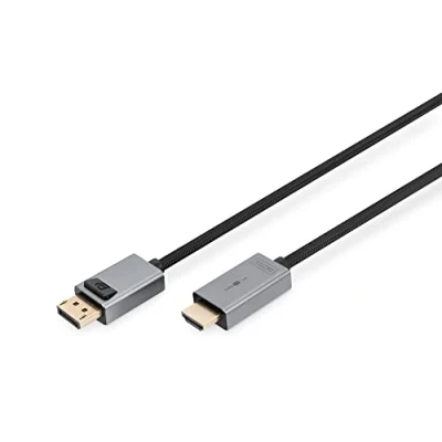 Image de DIGITUS Câble adaptateur Displayport vers HDMI UHD 4k/30Hz 2.0 1.2 LED d&#039;état Plug&amp;Play contacts dorés 1,8m noir