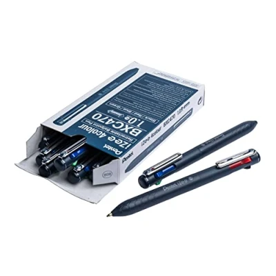 Image de Pentel iZee BXC470 DC, Lot de 12 Stylos bille 4 couleurs encre à faible viscosité noir, rouge, bleu, vert, pointe large 1 mm, corps bleu nuit