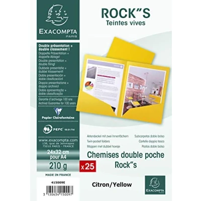 Image de Exacompta Réf. 415009E Paquet de 25 chemises double poche ROCK&#039;&#039;S 210 g/m² couleurs vives certifiées PEFC™ dimensions 24 x 32 cm pour documents format A4 couleur jaune citron