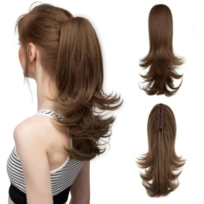 Image de RPAEOY Ponytail Cheveux Naturel Wave Bouclé 14 Pouces Drawstring Longue Clip en Queue De Cheval Extension Synthétique Postiche (#3)