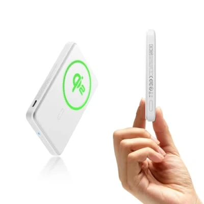 Image de ESR Pack de Batterie MagSafe Certifié Qi2, Chargeur Portable à Charge Rapide 5 000 mAh 15 W avec Béquille, Banque Externe Ultra compacte 0,55 po, Câble USB C pour iPhone 16/15/14/13/12, Blanc