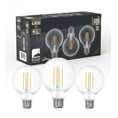 Image de Eglo Lot de 3 ampoules LED E27, ampoule filament vintage claire, 4 watts chacune, globe, lumière blanc neutre, 4000 K, 470 lumens, lampe rétro G80, Ø 8 cm