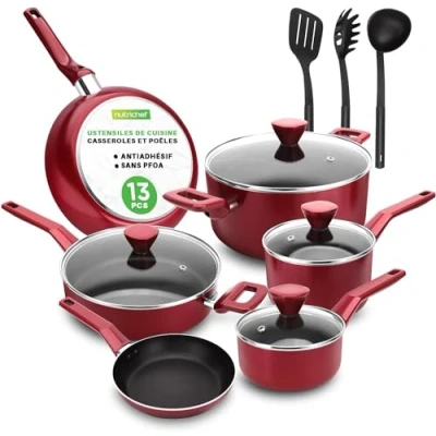 Image de Nutrichef Ensemble de Batterie Cuisine Antiadhésive, d’ Ustensils Cuisine, Avec Casserole a Sauce, Poêles, Marmites, Casserole, Couvercles, Louche, Fourchette, Passoire