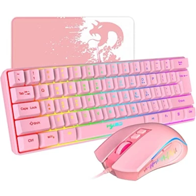 Image de HXSJ V700 Ensemble Clavier et Souris de Jeu,Clavier Jeu 60%,Disposition Compacte 61 Touches,Rétroéclairage RVB,Souris à Capteur Optique avec Lumière LED Colorée,Jusqu&#039;à 3600 DPI,pour PC,Mac Rose